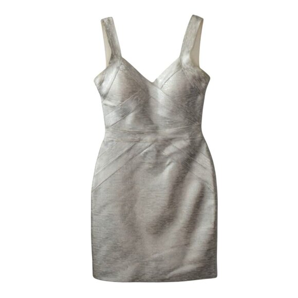 Terani Couture Dress Metallic Silver Bandage Style Cocktail Dress V-Neck Size 2 - Picture 2 of 7